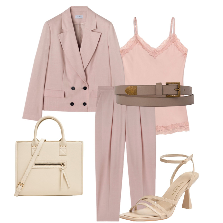 Outfit donna - Pink at Office. Stile Romantica per Ufficio. Abbinamento con sandali col tacco, shopping bag, cinture, pantaloni, top, blazer.