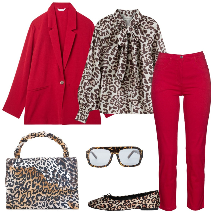 Outfit donna - Animalier. Stile Trendy per Tutti i giorni. Abbinamento con pantaloni, camicie, blazer, ballerine, occhiali da sole, pochette.