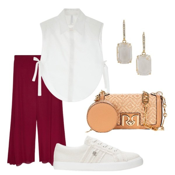Outfit donna - Passeggiata al mare. Stile Casual chic per Tutti i giorni. Abbinamento con borse a tracolla, camicie, sneakers, orecchini, pantaloni a palazzo.