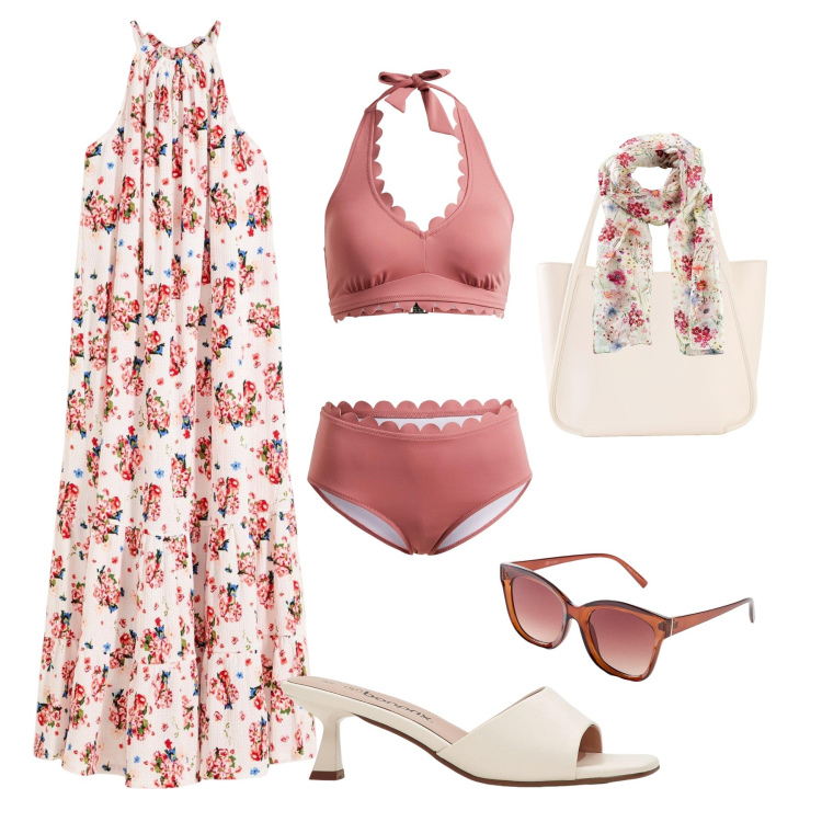 Outfit donna - Il bikini all’americana. Stile Romantica per Mare. Abbinamento con foulard, ciabatte, shopping bag, occhiali da sole, bikini, vestiti lunghi.