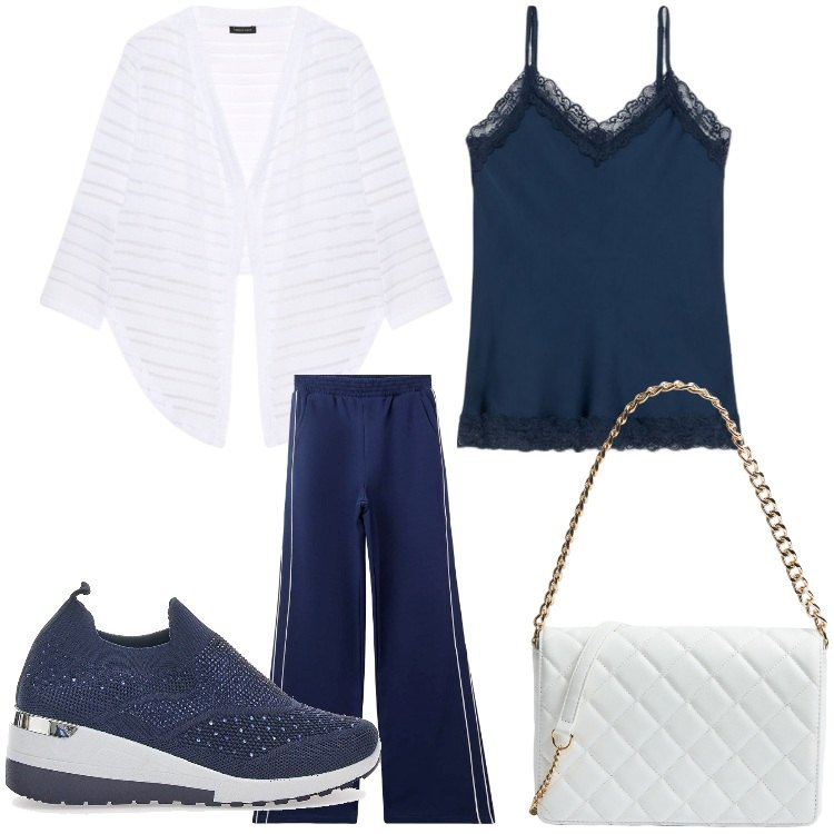 Outfit donna - Bianco da sera. Stile Sporty chic per Serata fuori. Abbinamento con pantaloni, borse a tracolla, sneakers, bolero, top.