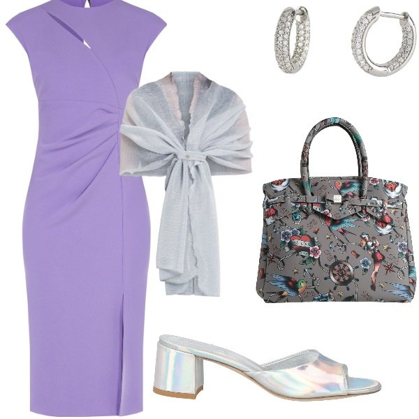 Outfit donna - Invito a cena. Stile Bon Ton per Serata fuori. Abbinamento con borse a mano, sandali in pelle, orecchini, stole, vestiti midi/longuette.