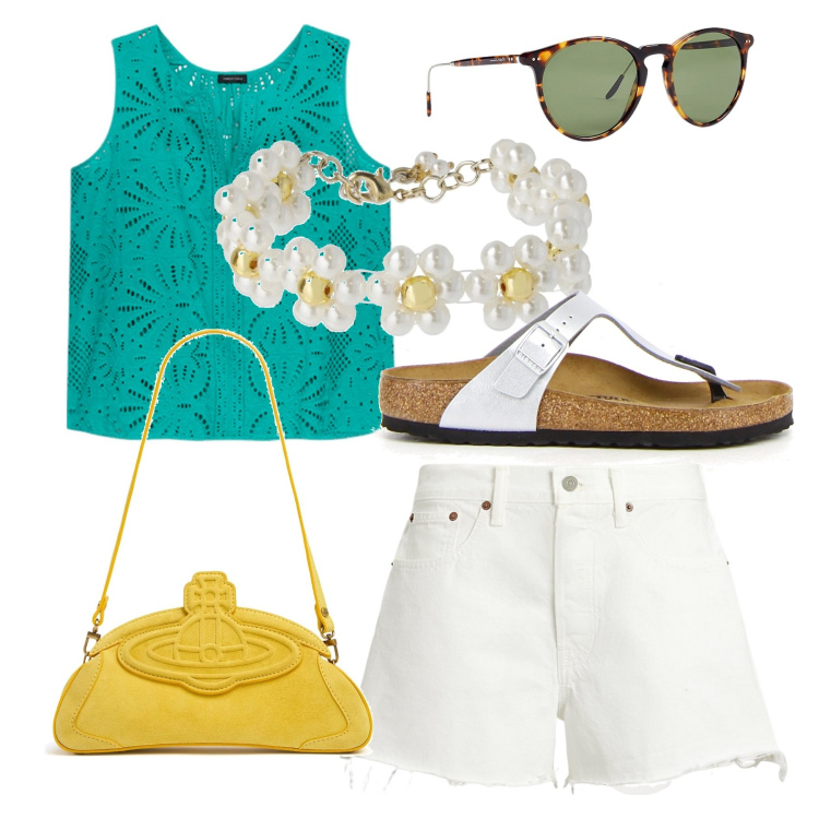 Outfit donna - Bella d\'estate. Stile Sporty chic per Tutti i giorni. Abbinamento con occhiali da sole, shorts, top, braccialetti, clutch, infradito.