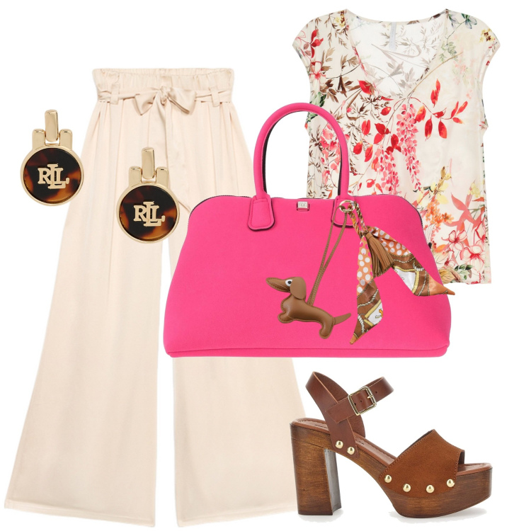 Outfit donna - Un pomeriggio con le amiche. Stile Glamour per Tutti i giorni. Abbinamento con borse a secchiello, top, portachiavi, orecchini, zoccoli, pantaloni a palazzo.