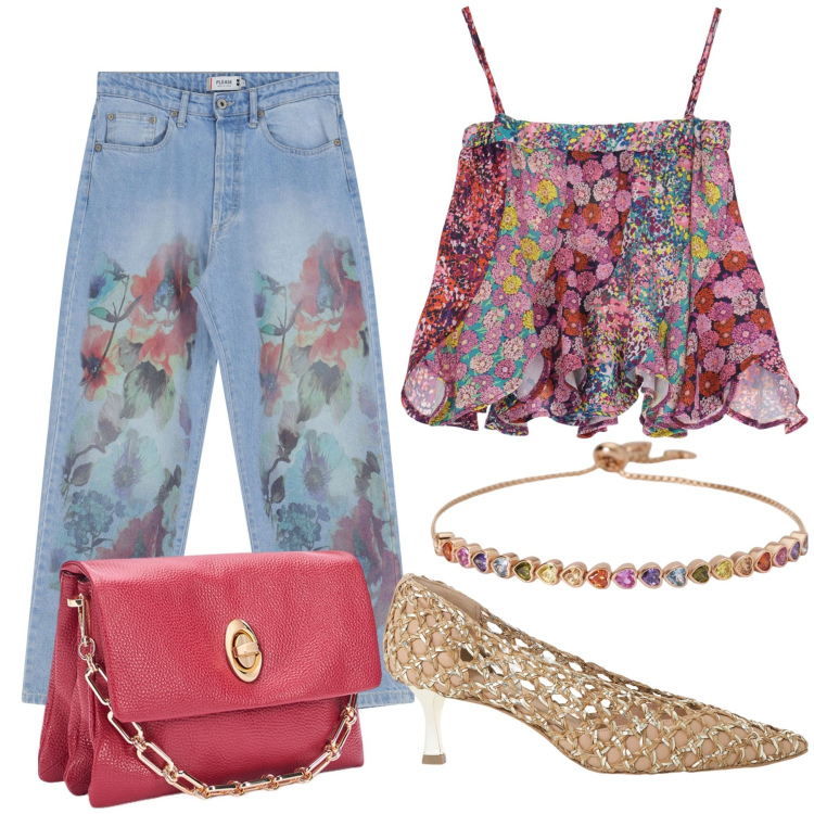 Outfit donna - Mamma in fiore. Stile Romantica per Tutti i giorni. Abbinamento con braccialetti, jeans dritti, décolleté, canottiere, borse a tracolla.