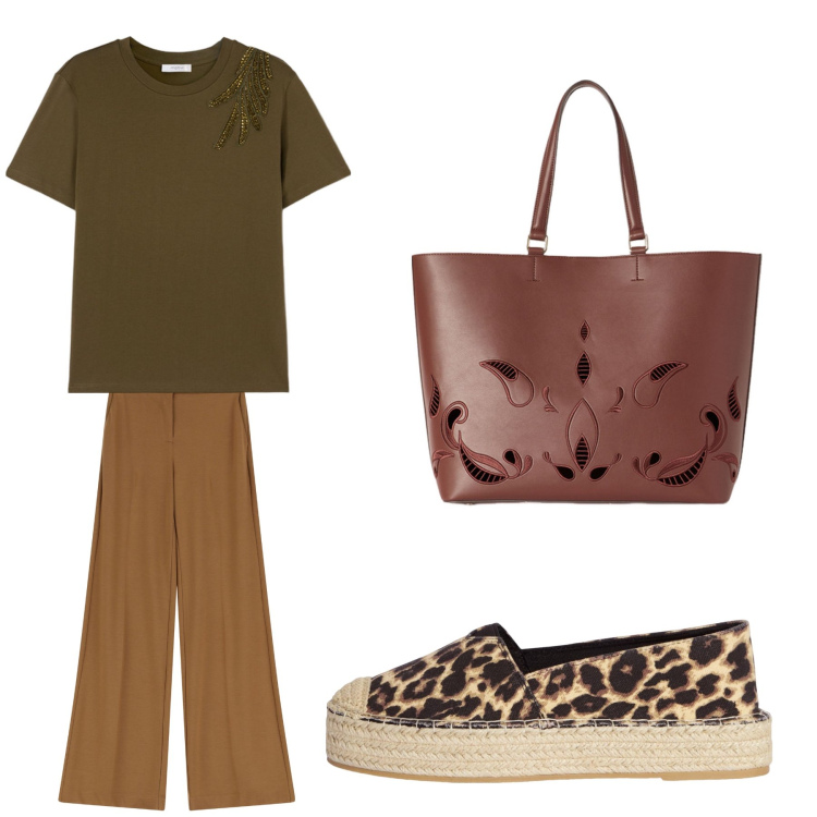 Outfit donna - Aperitivo. Stile Trendy per Tutti i giorni. Abbinamento con espadrillas, pantaloni, shopping bag, t-shirt.