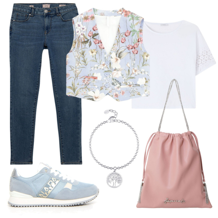Outfit donna - Mamma: Albero della Vita. Stile Casual chic per Tutti i giorni. Abbinamento con braccialetti con ciondoli, borse a secchiello, gilet, jeans skinny, t-shirt, sneakers.