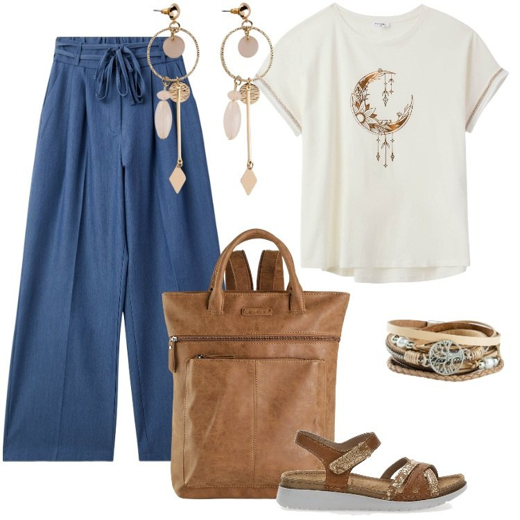 Outfit donna - Total look #2127510. Stile Etnico per Tutti i giorni. Abbinamento con zaini, braccialetti, orecchini, t-shirt, jeans, sandali in pelle.
