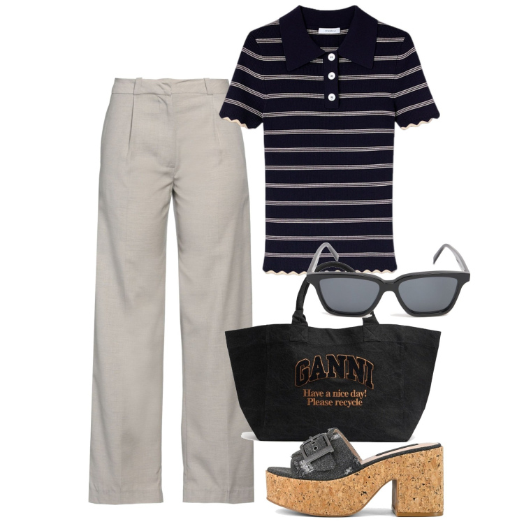 Outfit donna - Maggio. Stile Bon Ton per Tutti i giorni. Abbinamento con pantaloni, sandali, polo, shopping bag, occhiali da sole.