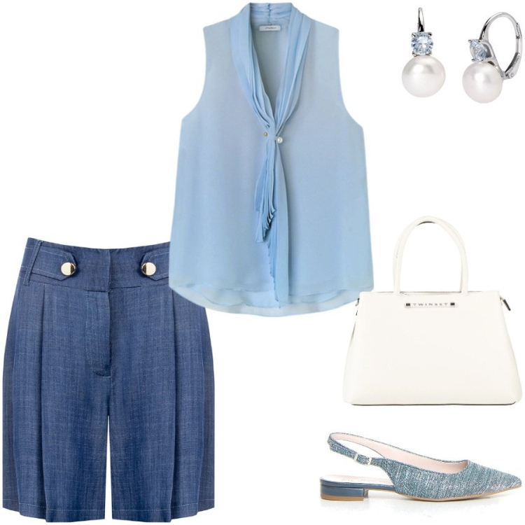 Outfit donna - Bermuda blu. Stile Casual chic per Ufficio. Abbinamento con borse a mano, orecchini, bermuda, bluse, décolleté.