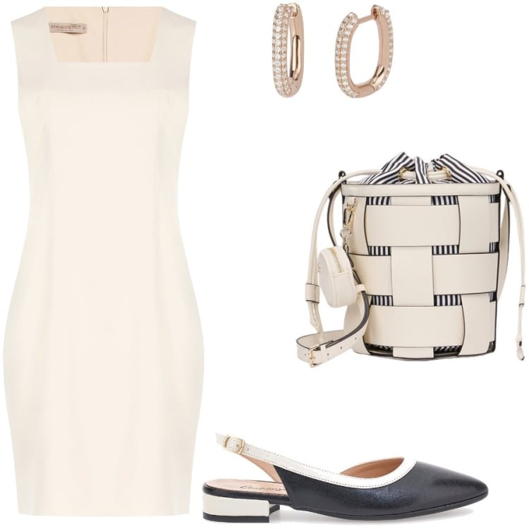 Outfit donna - Il tubino panna. Stile Chic per Serata fuori. Abbinamento con orecchini, vestiti a tubino, ballerine, borse a secchiello.