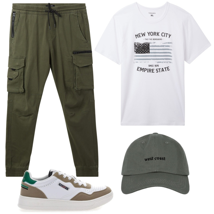 Outfit uomo - Arriva l\'estate. Stile Casual per Tutti i giorni. Abbinamento con t-shirt, cappelli con visiera, pantaloni cargo, sneakers.