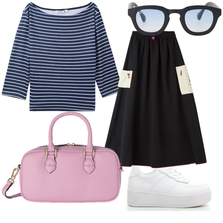 Outfit donna - Un tocco di rosa per le mamme. Stile Trendy per Tutti i giorni. Abbinamento con t-shirt, gonne lunghe, occhiali da sole, sneakers, borse a mano.