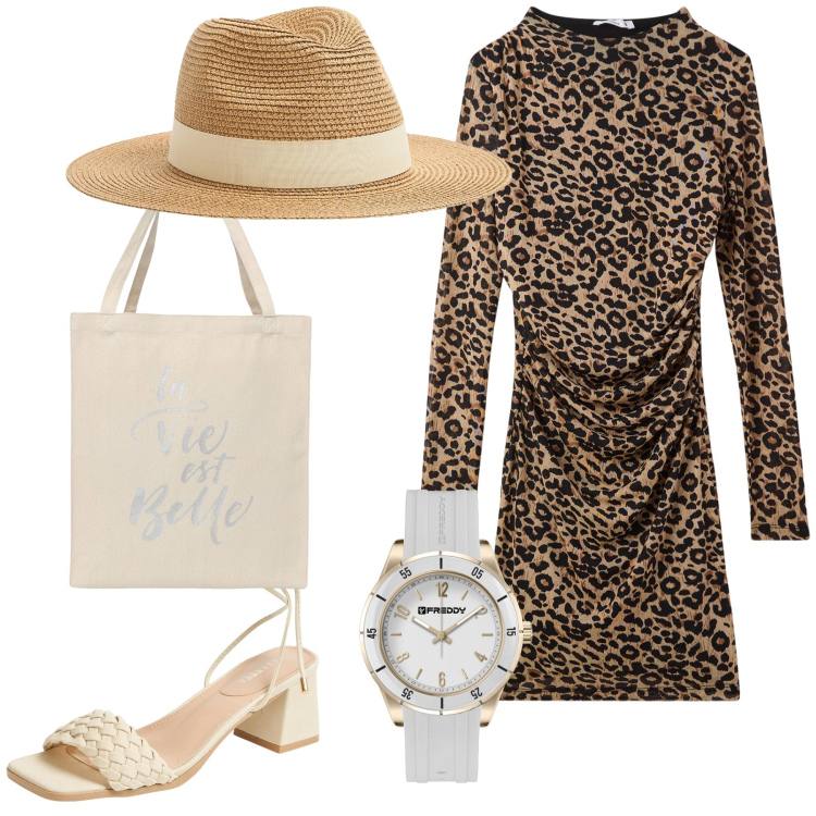 Outfit donna - L abito animalier per la città. Stile Urban per Tutti i giorni. Abbinamento con cappelli, borse tote, sandali alla schiava, vestiti lunghi, orologi.