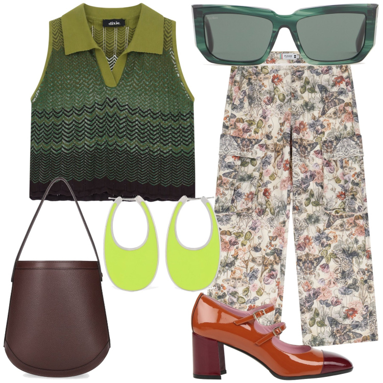 Outfit donna - Jungle bon ton. Stile Trendy per Tutti i giorni. Abbinamento con décolleté, pantaloni cargo, maglieria, orecchini, borse a mano, occhiali da sole.