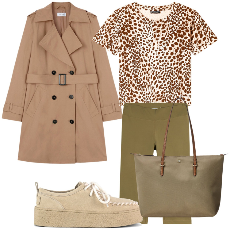 Outfit donna - Ufficio ruggente. Stile Urban per Ufficio. Abbinamento con t-shirt, leggings, borse tote, mocassini, trench.