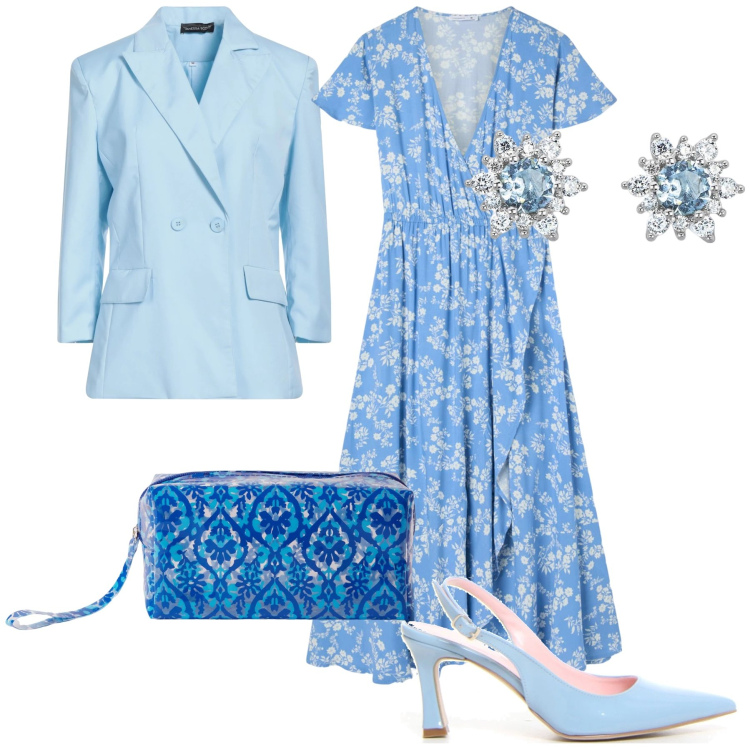 Outfit donna - Fiori azzurri per le nozze. Stile Bon Ton per Cerimonia. Abbinamento con blazer, vestiti lunghi, pochette, orecchini, décolleté.