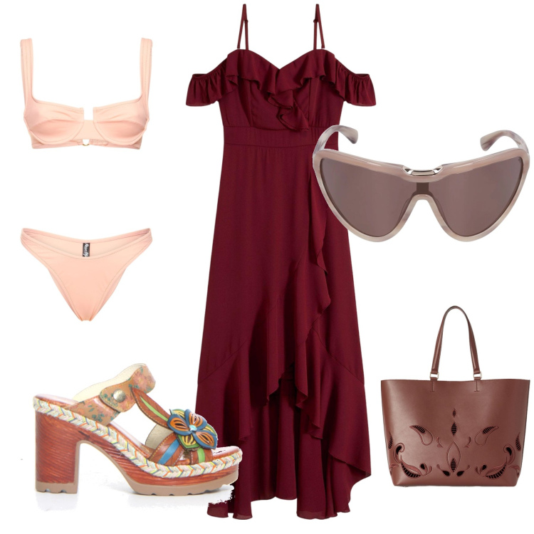 Outfit donna - Spiaggia bohemienne, bon ton. Stile Boho per Mare. Abbinamento con vestiti, bikini, ciabatte, occhiali da sole, shopping bag.