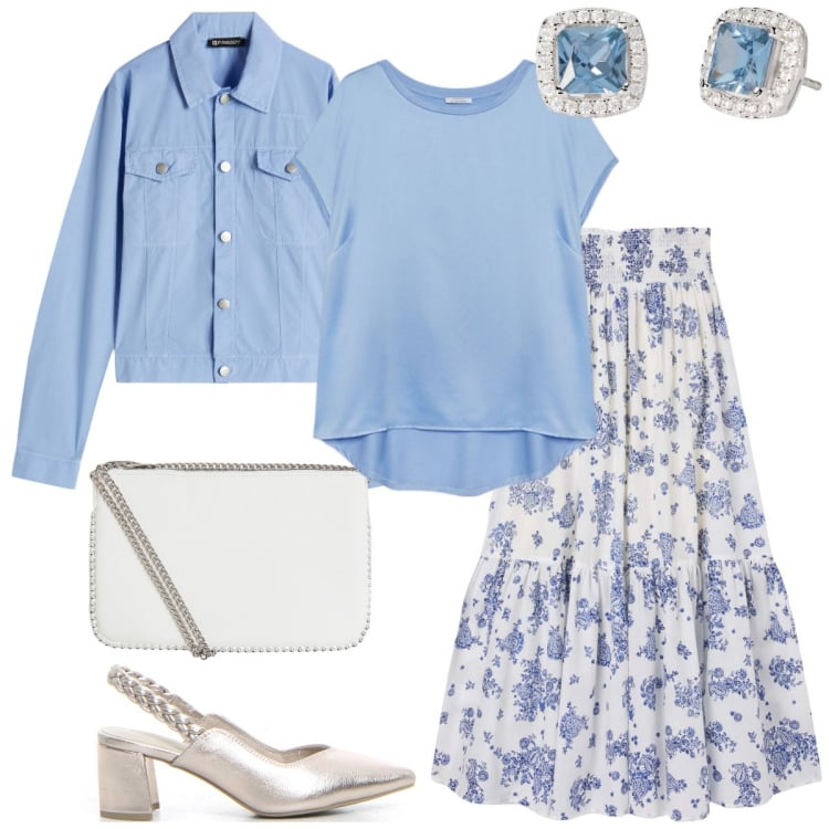 Outfit donna - Color cielo. Stile Romantica per Tutti i giorni. Abbinamento con bluse, orecchini, gonne lunghe, borse a tracolla, blazer, décolleté.