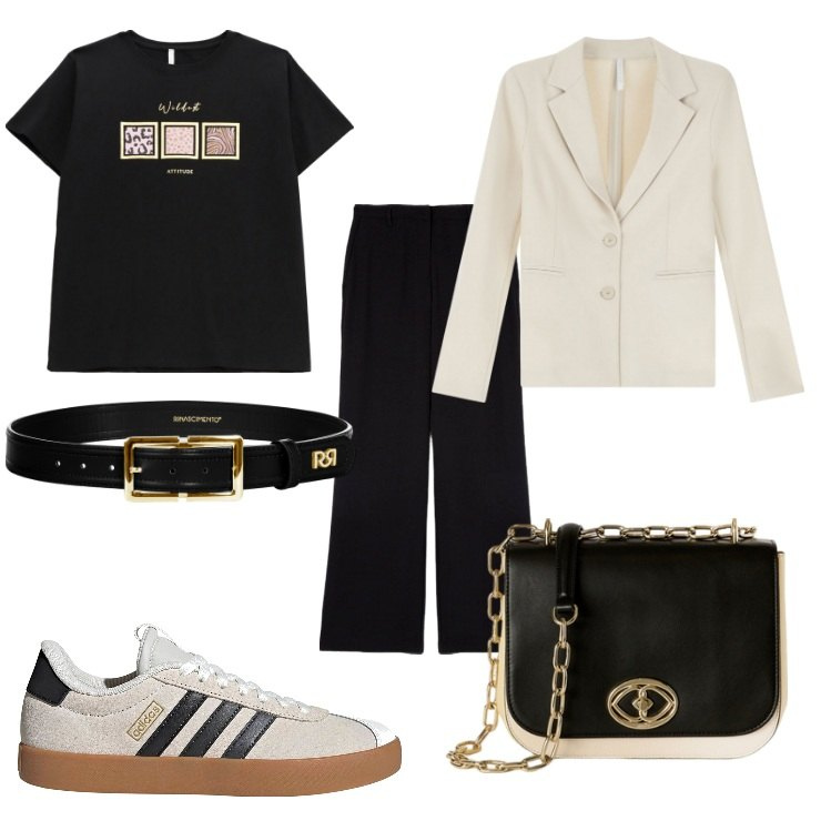 Outfit donna - aperitivo dopo il lavoro?. Stile Casual chic per Tutti i giorni. Abbinamento con cinture, t-shirt, blazer, sneakers, pantaloni a palazzo, borse a tracolla.