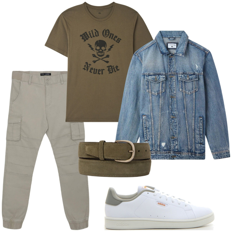Outfit uomo - Giacca in jeans. Stile Trendy per Tutti i giorni. Abbinamento con t-shirt, giacche, pantaloni cargo, cinture, sneakers.