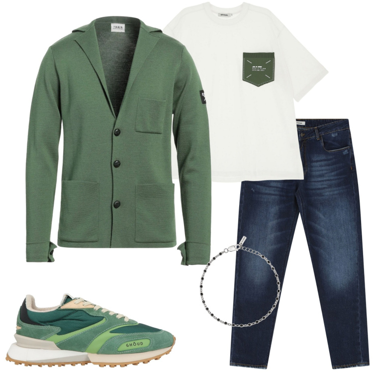 Outfit uomo - Giacca leggera. Stile Trendy per Serata speciale. Abbinamento con giacche, sneakers, braccialetti, t-shirt, jeans dritti.