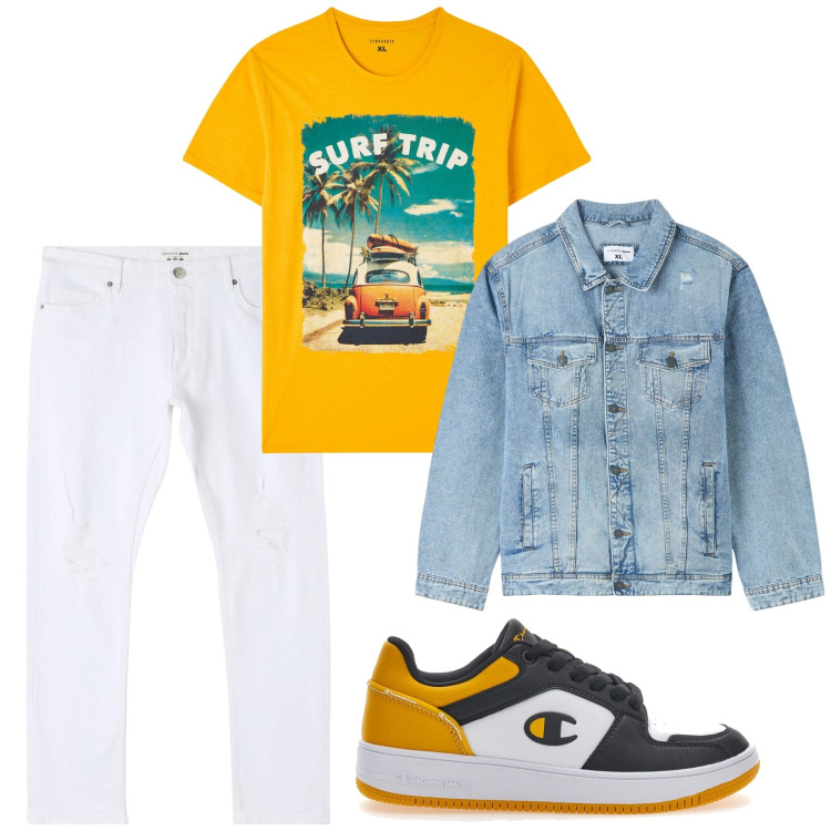 Outfit uomo - L\'energia del colore giallo. Stile Casual per Tutti i giorni. Abbinamento con jeans strappati, giacche, t-shirt, sneakers.