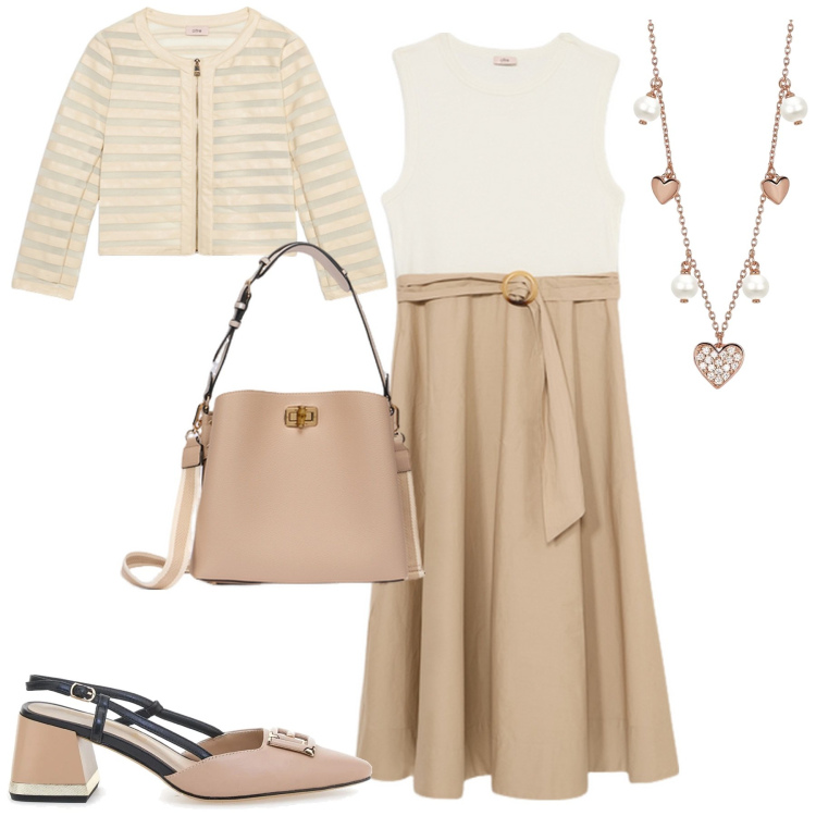 Outfit donna - City. Stile Urban per Tutti i giorni. Abbinamento con collane, décolleté, blazer, vestiti midi/longuette, borse a secchiello.