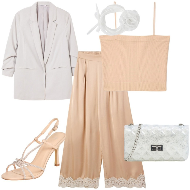Outfit donna - Pantalone a palazzo con pizzo. Stile Glamour per Cerimonia. Abbinamento con canottiere, borse a tracolla, blazer, collane, pantaloni a palazzo, sandali col tacco.