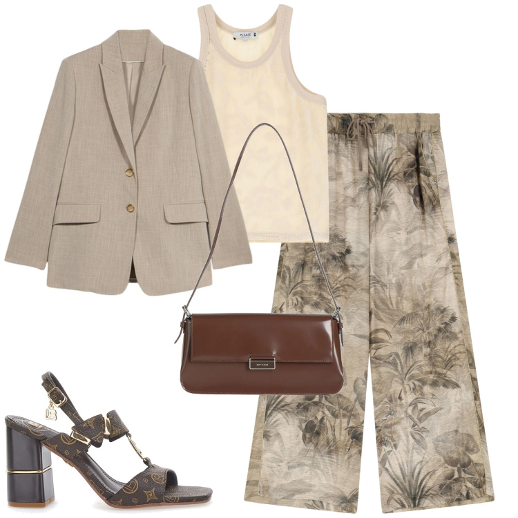 Outfit donna - City. Stile Urban per Tutti i giorni. Abbinamento con borse a spalla, pantaloni, top, sandali col tacco, blazer.