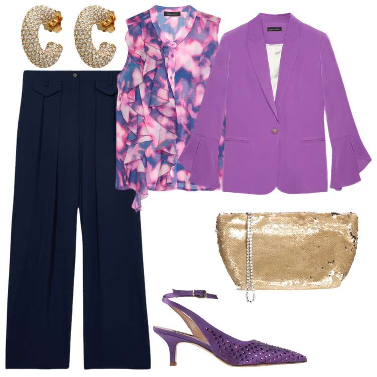 Outfit donna - Comfort raffinato. Stile Glamour per Cerimonia. Abbinamento con borse a mano, décolleté, orecchini, blazer, top, pantaloni a palazzo.
