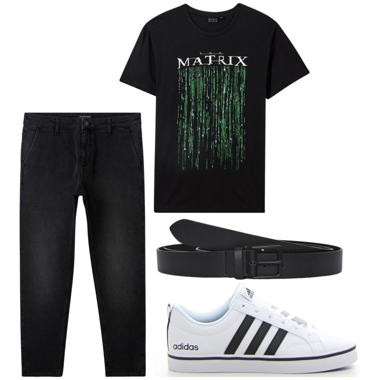 Outfit uomo - Stampa Matrix. Stile Urban per Tutti i giorni. Abbinamento con jeans, t-shirt, cinture, sneakers.