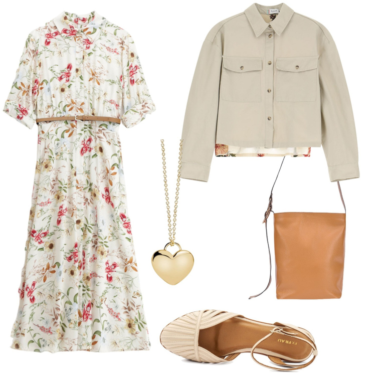Outfit donna - In famiglia. Stile Romantica per Tutti i giorni. Abbinamento con collane, blazer, vestiti midi/longuette, sandali, borse a secchiello.