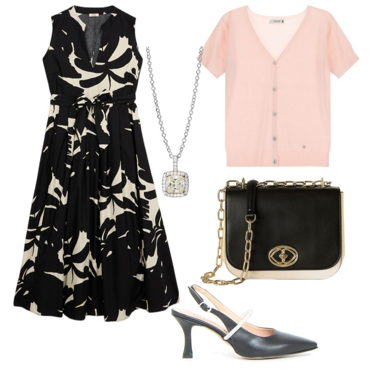 Outfit donna - Pranzo della festa della mamma. Stile Romantica per Cerimonia. Abbinamento con collane, cardigans, vestiti lunghi, décolleté, borse a tracolla.