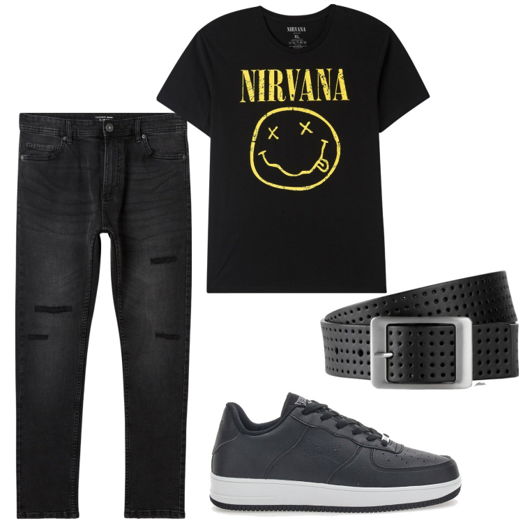 Outfit uomo - T-shirt Nirvana. Stile Biker Rock per Tutti i giorni. Abbinamento con cinture, jeans strappati, t-shirt, sneakers.