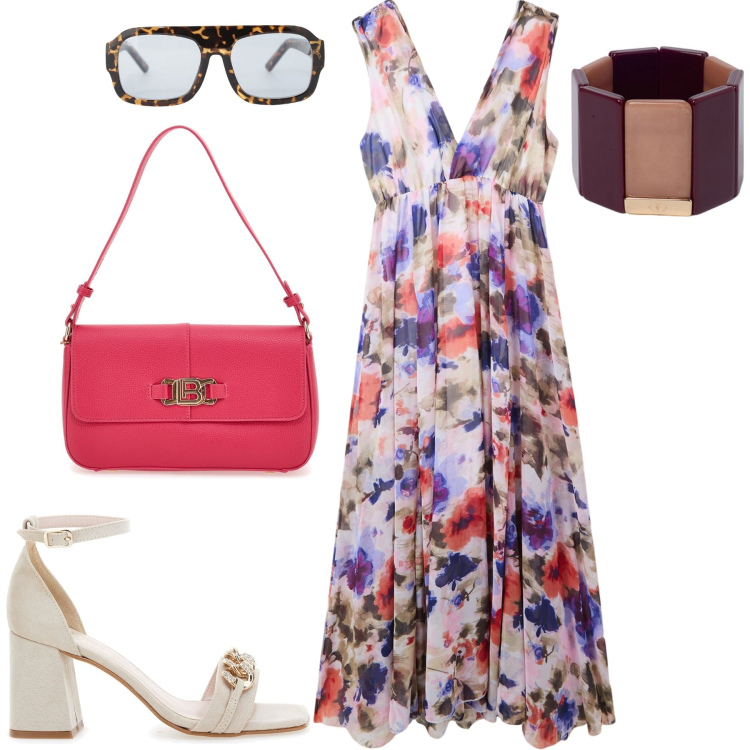 Outfit donna - Papaveri e fiordalisi. Stile Romantica per Tutti i giorni. Abbinamento con vestiti lunghi, occhiali da sole, sandali col tacco, borse a spalla, braccialetti.
