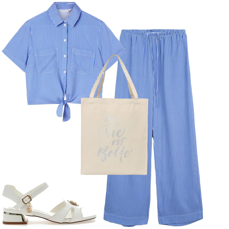 Outfit donna - Righine. Stile Casual per Tutti i giorni. Abbinamento con borse tote, camicie a manica corta, pantaloni, sandali col tacco.