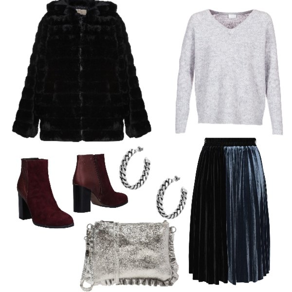 Outfit donna - Festività. Stile Trendy per Serata fuori. Abbinamento con ecopelliccia, gonna longuette in velluto, stivaletti effetto scamosciato con tacco squadrato e zip a punta tinta unita, orecchini con farfallina in ottone fatto a mano, borsa a mano effetto laminato taglia media con zip interno foderato tinta unita, maglione grigio.
