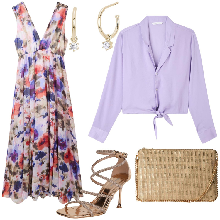 Outfit donna - Una camicia al posto della giacca. Stile Glamour per Cerimonia. Abbinamento con vestiti lunghi, camicie, borse a tracolla, sandali col tacco, orecchini.