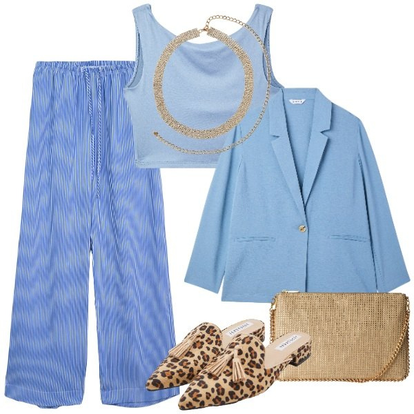 Outfit donna - Terranova - occasioni speciali. Stile Glamour per Cerimonia. Abbinamento con blazer, sabot, pantaloni, borse a tracolla, collane, top.