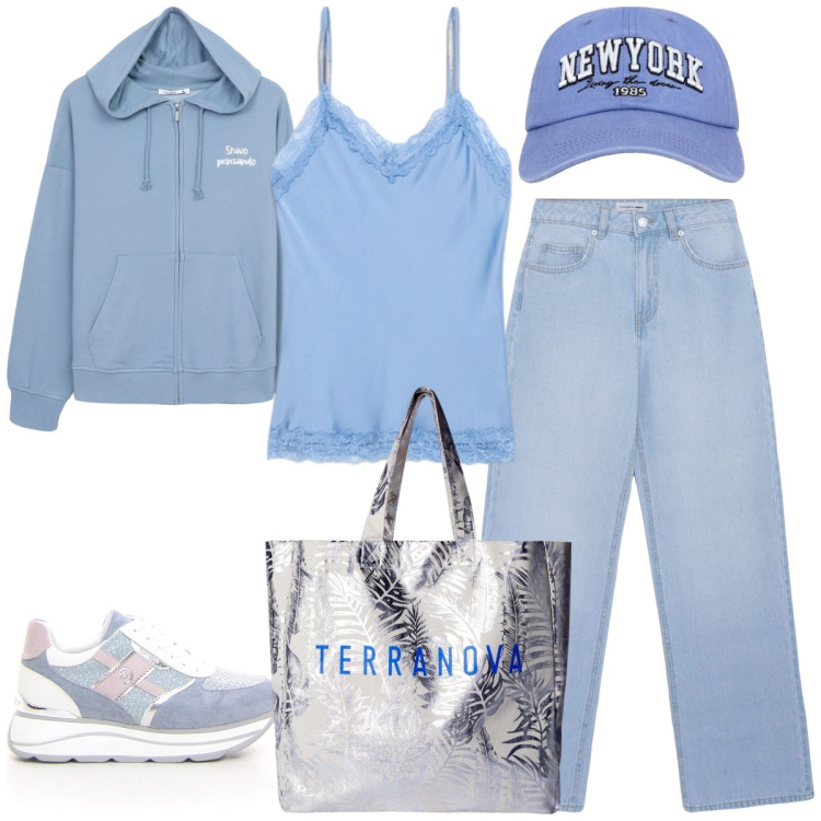 Outfit donna - Color cielo. Stile Sporty chic per Tutti i giorni. Abbinamento con jeans, cappelli, borse tote, felpe con cappuccio, sneakers, top.