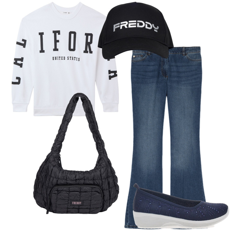 Outfit donna - Una felpa per le compere. Stile Casual per Tutti i giorni. Abbinamento con felpe, borse a spalla, cappelli, ballerine, jeans.