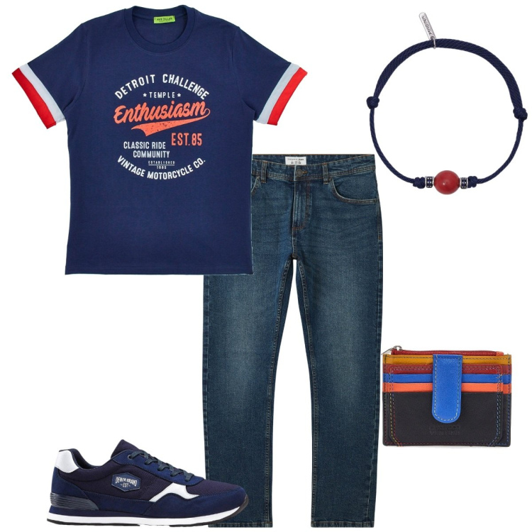 Outfit uomo - T-shirt grafiche d\'autore. Stile Casual per Tutti i giorni. Abbinamento con sneakers, jeans, braccialetti, portafogli, t-shirt.