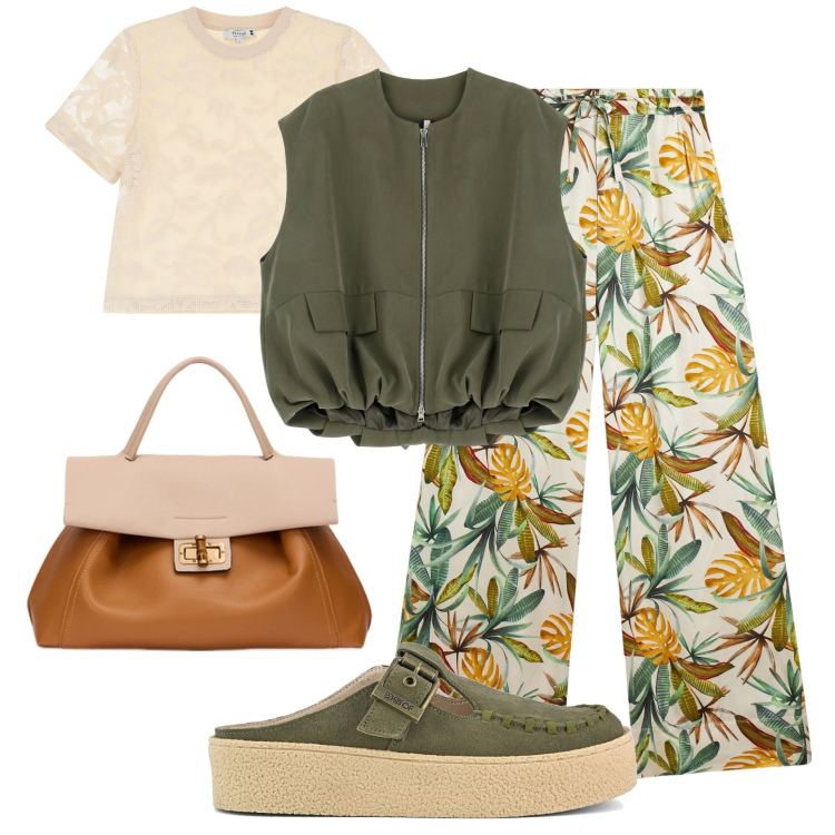 Outfit donna - Jungle sporty. Stile Sporty chic per Tutti i giorni. Abbinamento con t-shirt, blazer, pantaloni culotte, sabot, borse a tracolla.