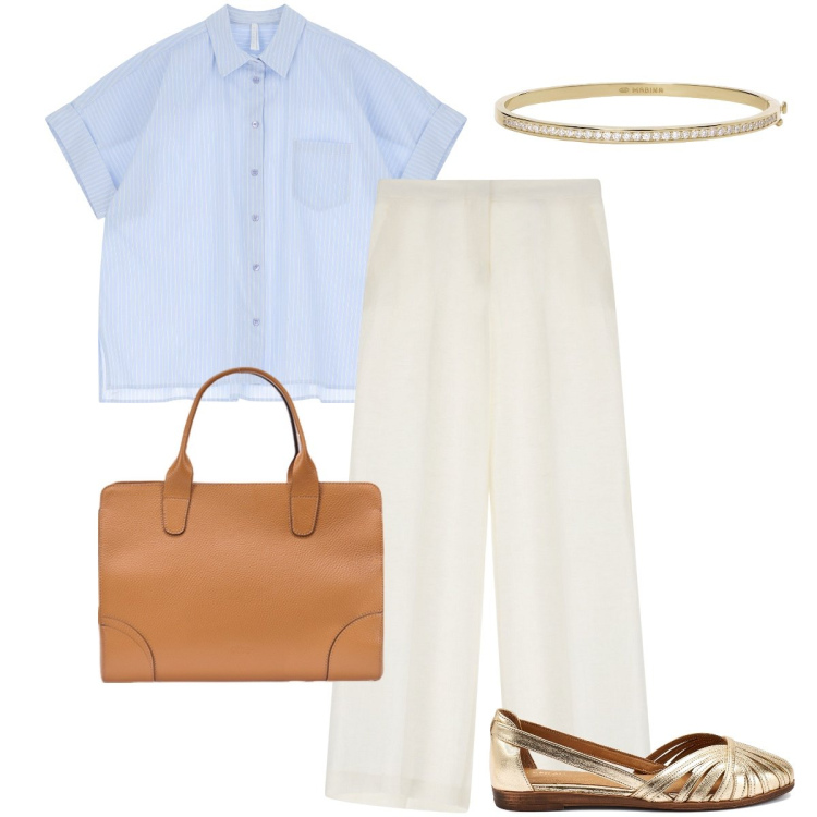 Outfit donna - Mannish a maggio - @laurafo. Stile Mannish per Ufficio. Abbinamento con braccialetti, camicie a manica corta, pantaloni, borse tote, ballerine.