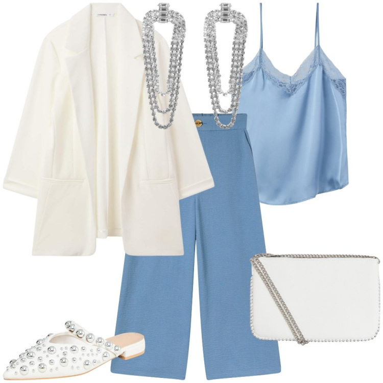 Outfit donna - Celeste pastello. Stile Glamour per Cerimonia. Abbinamento con pantaloni a palazzo, ballerine, orecchini, top, blazer, borse a tracolla.