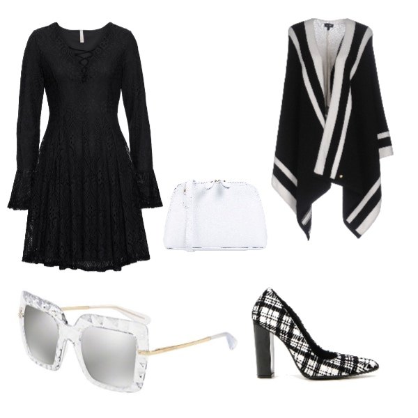 Outfit donna - Trendy #29051. Stile Trendy per Tutti i giorni. look ideale per Tall. Abbinamento con vestiti, mantella senza tasche fantasia lavorato a maglia scollatura profonda interno sfoderato monopetto, borsa a tracolla mini in pelle martellata con zip tinta unita, décolleté, occhiali da sole bianco.
