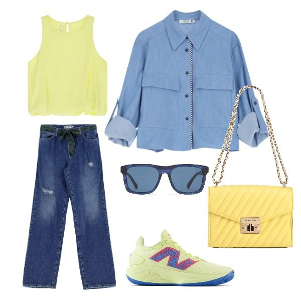 Outfit donna - sole e mare. Stile Urban per Tutti i giorni. Abbinamento con borse a spalla, sneakers, jeans strappati, camicie, top, occhiali da sole.