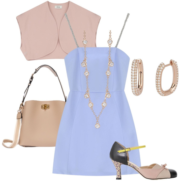 Outfit donna - L’abitino color cielo. Stile Bon Ton per Cerimonia. Abbinamento con collane, orecchini, vestiti corti, gilet, décolleté, borse a secchiello.