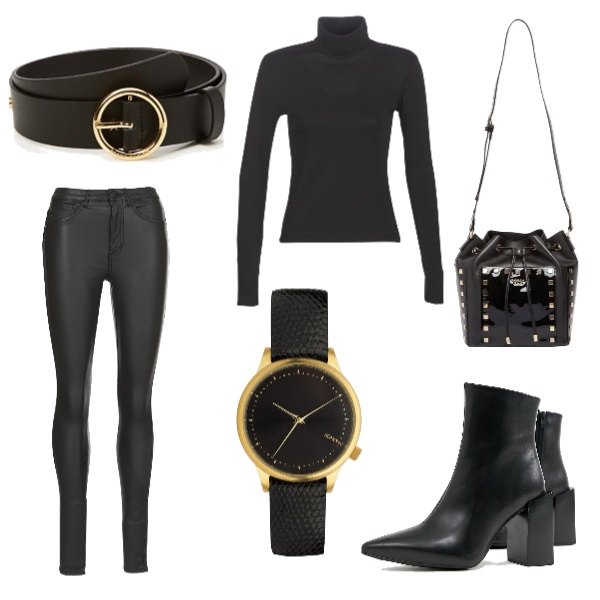 Outfit donna - Total Black. Stile Rock per Ufficio. Abbinamento con orologio con cinturino, jeans, t-shirt petit a maniche lunghe nero, stivaletti con tacco largo pianta larga, abbigliamento secchiello nero, cintura nero.